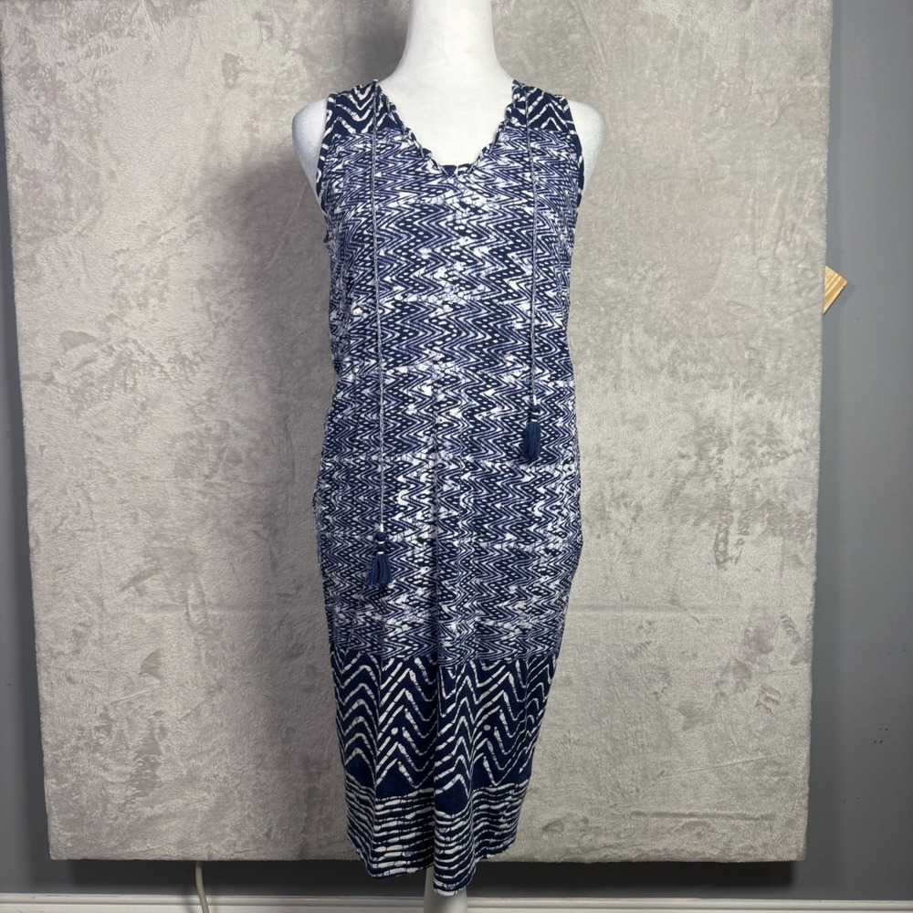Lucky Brand Womens XS‎ Blue White Geometric Tassel V-Neck Sleeveless Shift Dress